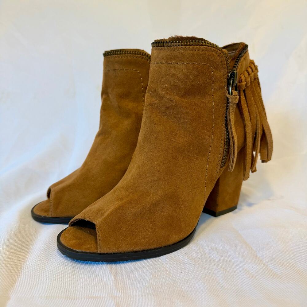 DV Dolce Vita Fringe Open Toe Ankle Booties Womens 6.5 Cognac Tan Suede Heel Zip